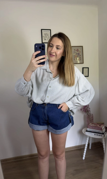 Luźna koszula bawełniana oversize w kratę niebieska zielona h-Trend- VELLA CHECK