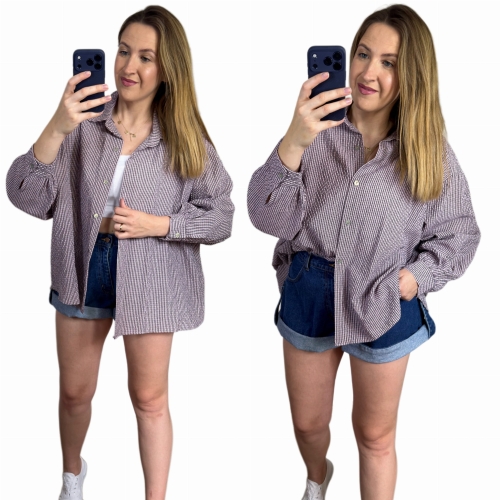 Luźna koszula bawełniana oversize w kratę różowa fioletowa h-Trend -VELLA CHECK