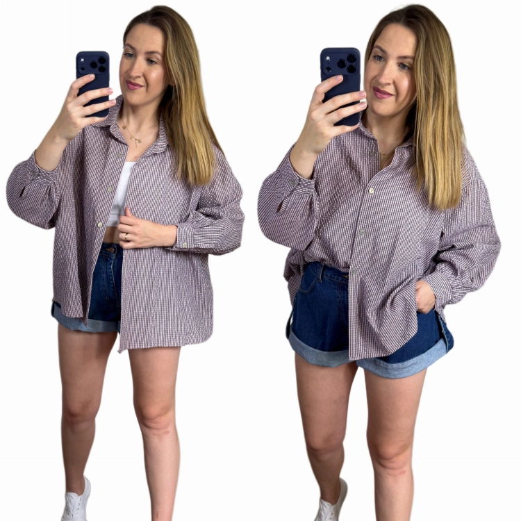 Luźna koszula bawełniana oversize w kratę różowa fioletowa h-Trend -VELLA CHECK