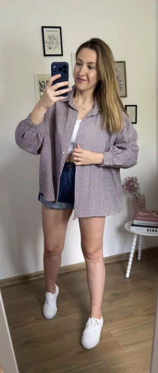 Luźna koszula bawełniana oversize w kratę różowa fioletowa h-Trend -VELLA CHECK