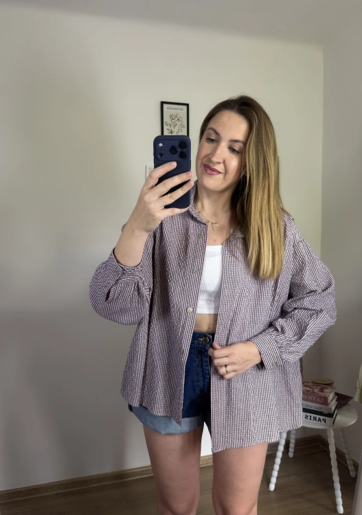 Luźna koszula bawełniana oversize w kratę różowa fioletowa h-Trend -VELLA CHECK