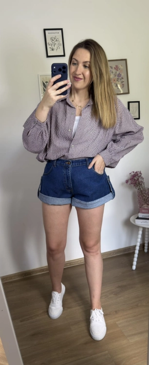 Luźna koszula bawełniana oversize w kratę różowa fioletowa h-Trend -VELLA CHECK