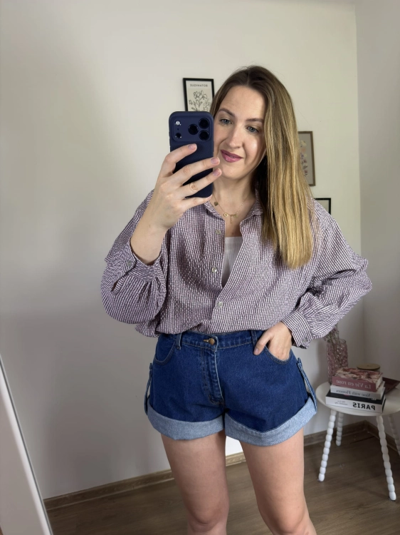 Luźna koszula bawełniana oversize w kratę różowa fioletowa h-Trend -VELLA CHECK