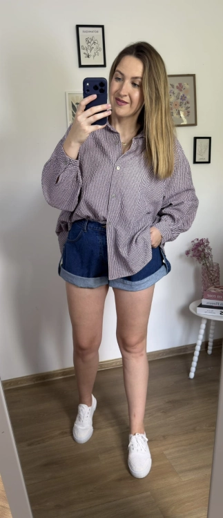 Luźna koszula bawełniana oversize w kratę różowa fioletowa h-Trend -VELLA CHECK