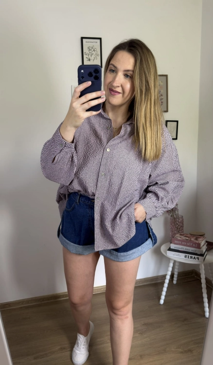 Luźna koszula bawełniana oversize w kratę różowa fioletowa h-Trend -VELLA CHECK