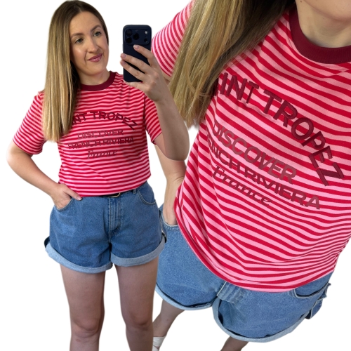 T-shirt damski SAINT TROPEZ czerwono-różowy w paski z haftem 3D przód