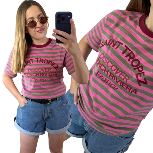 T-shirt damski SAINT TROPEZ khaki-róż w paski z haftem 3D przód
