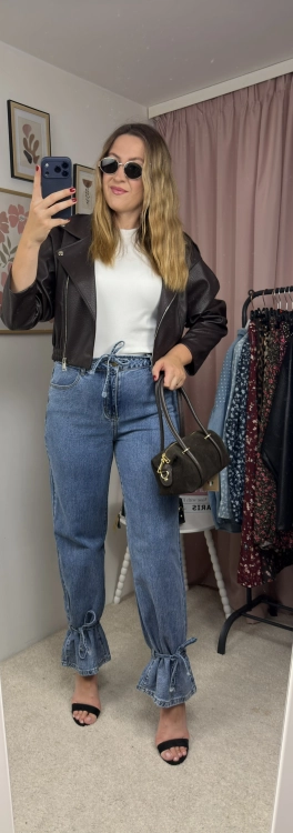 Jeansy Wide Leg z wiązaniem u dołu MILAS – stylizacja z torebką XL