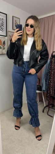 Jeansy Wide Leg z wiązaniem u dołu MILAS – ciemny jeans, stylizacja z przodu XS