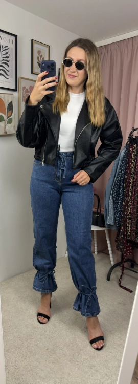Jeansy Wide Leg z wiązaniem u dołu MILAS – ciemny jeans, stylizacja z przodu XS