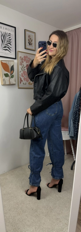 Jeansy Wide Leg z wiązaniem u dołu MILAS – ciemny jeans, widok z boku XS