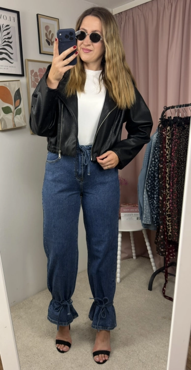 Jeansy Wide Leg z wiązaniem u dołu MILAS – ciemny jeans, wysoki stan XS