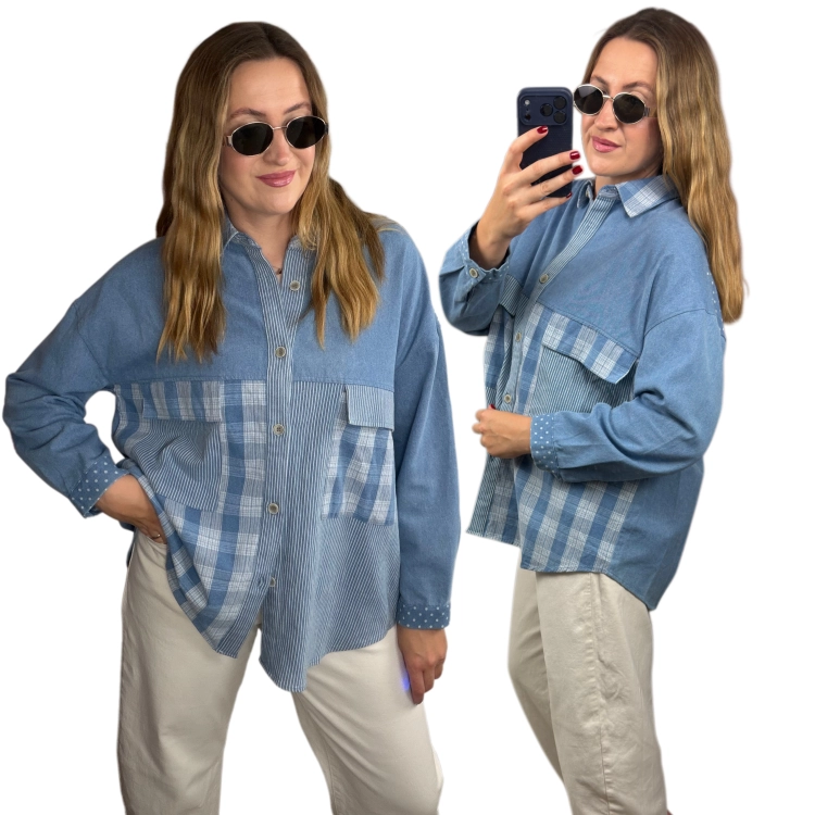 Koszula jeansowa oversize LUCY PATCHWORK WIYA z miękkiego denimu – przód stylizacji.