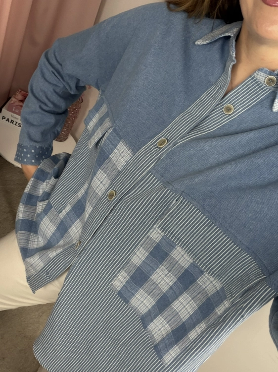 Koszula jeansowa LUCY PATCHWORK WIYA – zbliżenie na miękki denim i patchworkowe detale.