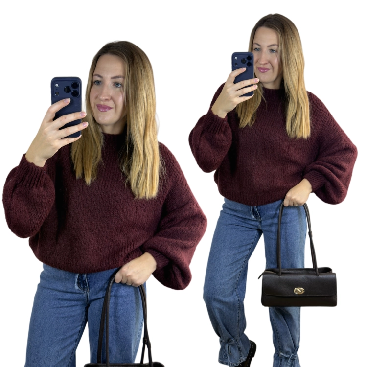 Sweter damski CLOUDY Chmurka burgundowy oversize – stylizacja