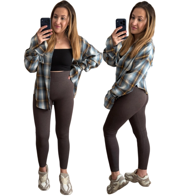 Czekoladowe legginsy damskie z kaszmirem MiNiMi S/M – przód