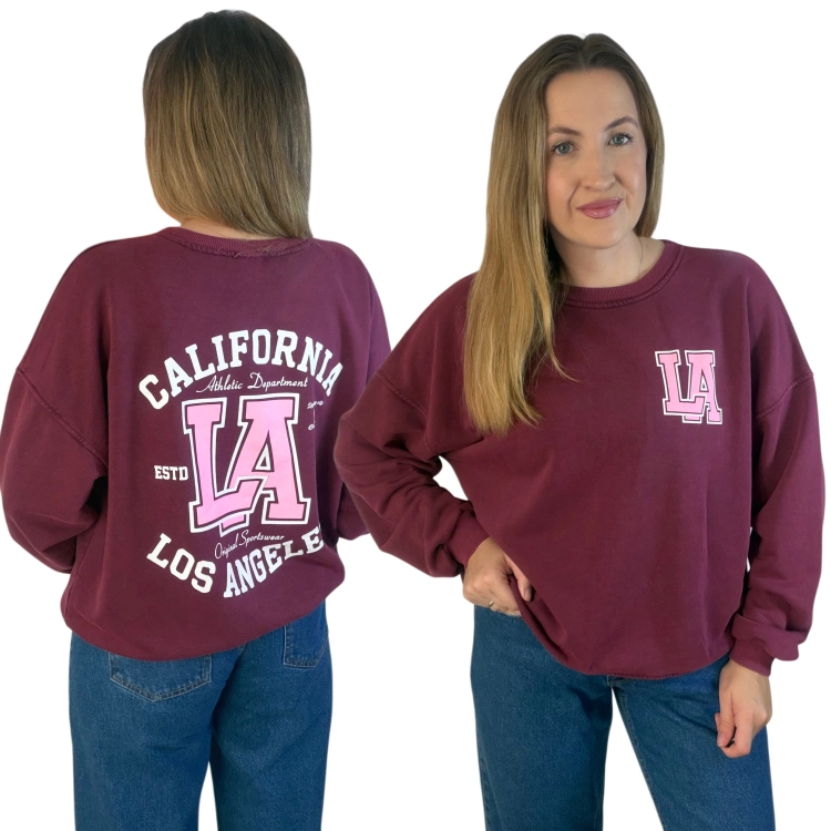 Bordowa bluza damska oversize CALIFORNIA LA Azara – przód i tył