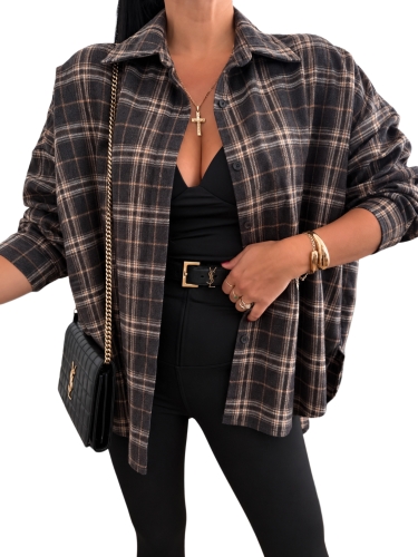 Czekoladowa koszula oversize Azara flanelowa w kratę