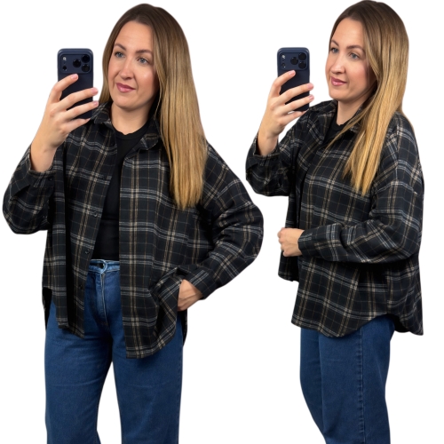 Koszula flanelowa czarna w beżową kratę oversize Azara damska
