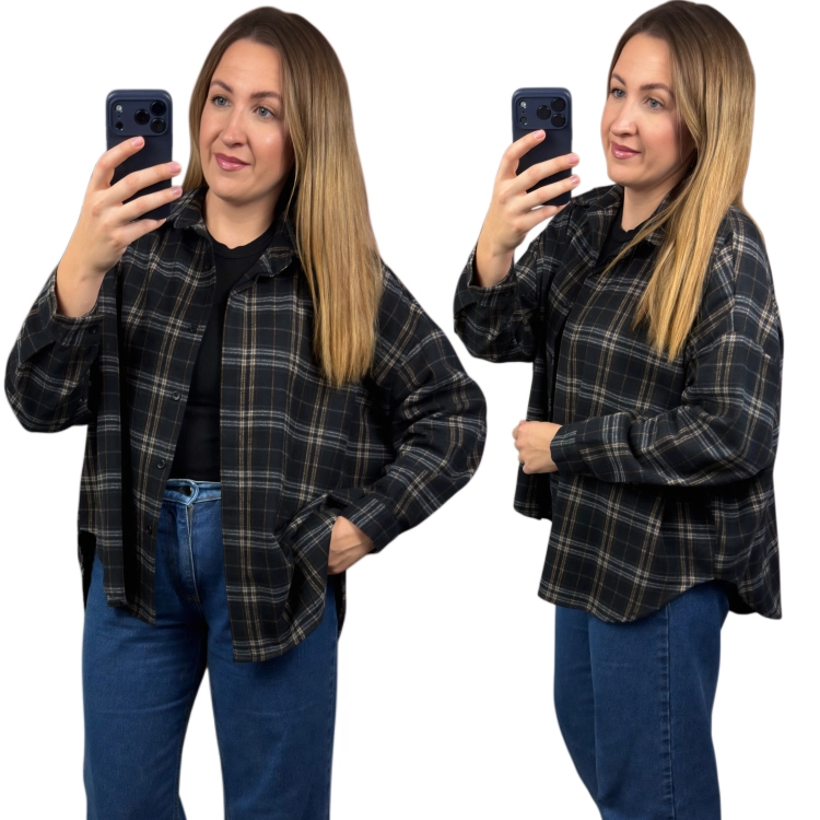 Koszula flanelowa czarna w beżową kratę oversize Azara damska