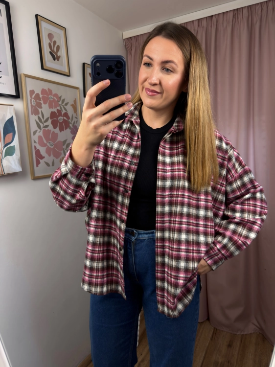 Bordowa koszula oversize w kratę Azara flanelowa
