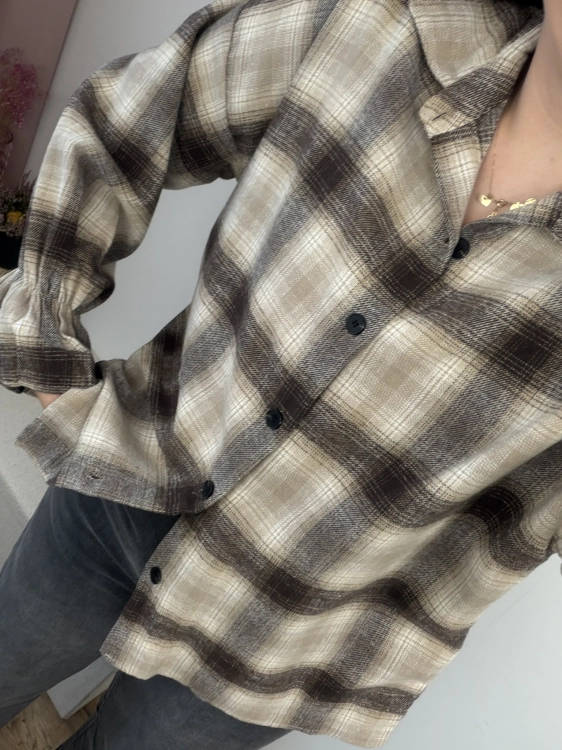 Koszula DARIA oversize w beżowo-brązową kratę