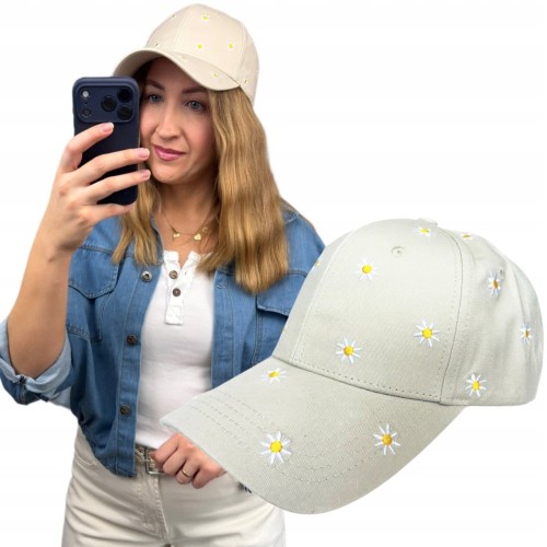 Bawełniana czapka damska z daszkiem beżowa haftowane stokrotki regulowana