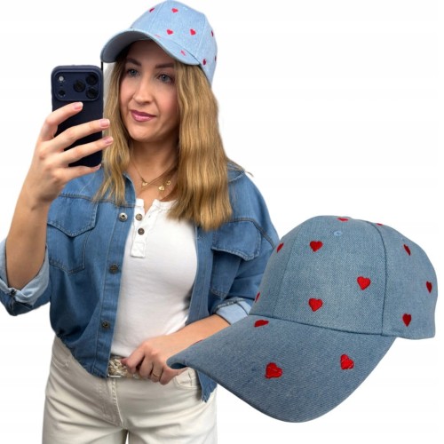 Bawełniana czapka damska z daszkiem niebieska haft serduszka regulowana