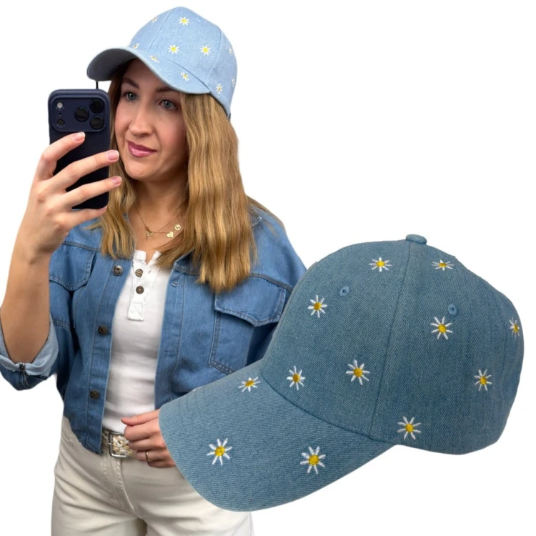 Bawełniana czapka damska z daszkiem niebieska haft stokrotki regulowana