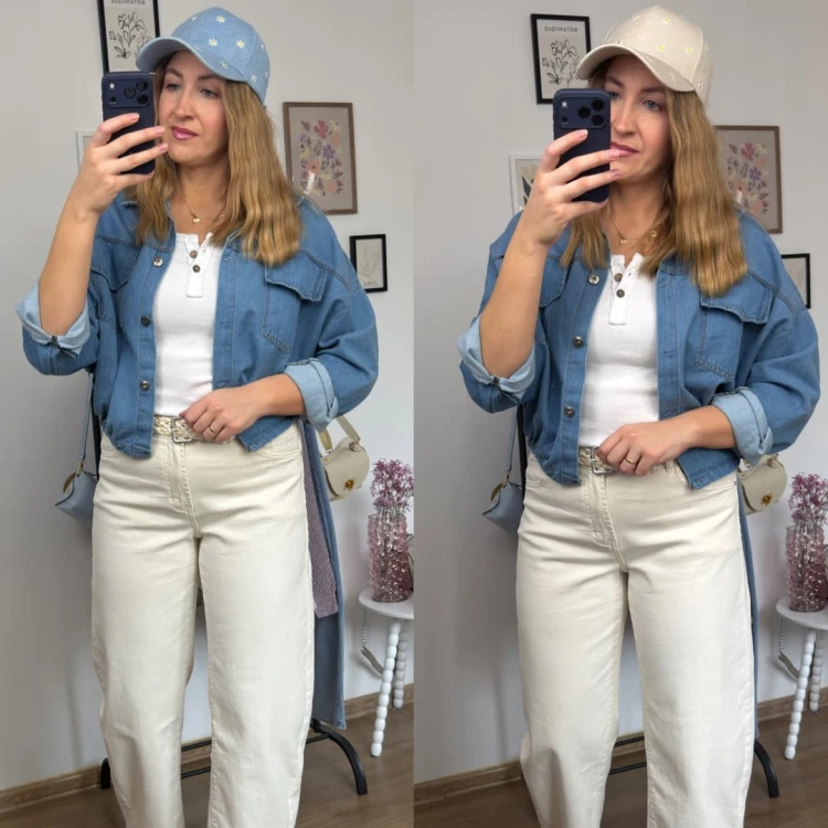 Bawełniana czapka damska z daszkiem niebieska haft stokrotki regulowana