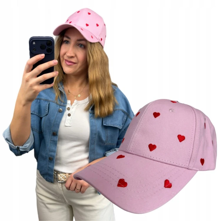 Bawełniana czapka damska z daszkiem różowa haft serduszka regulowana