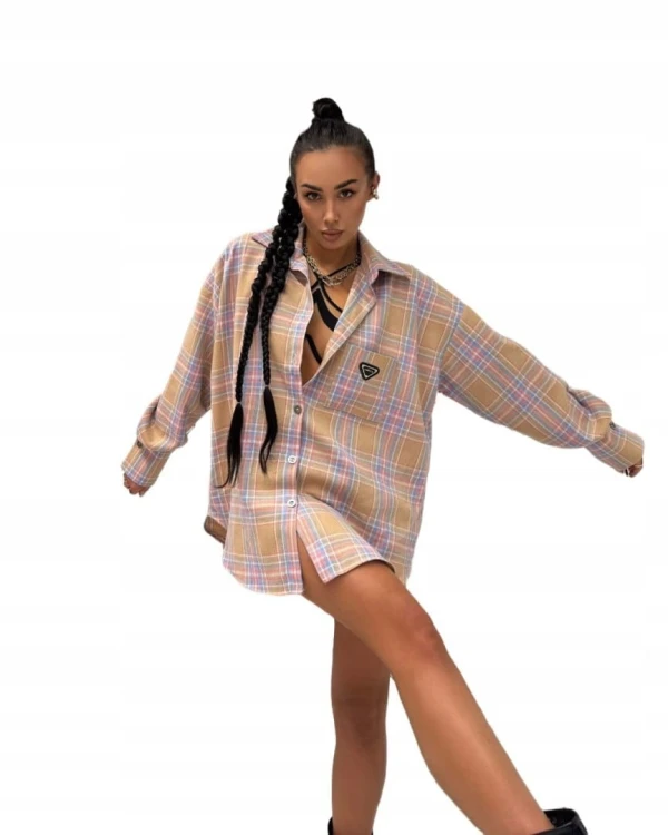 Bawełniana koszula w kratę beżowa różowa niebieska krata La Milla