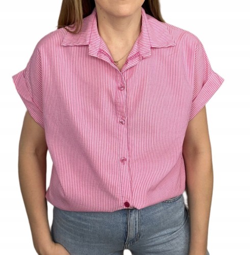 Bawełniana koszula w pionowe paski luźna oversize krótki rękaw S M L