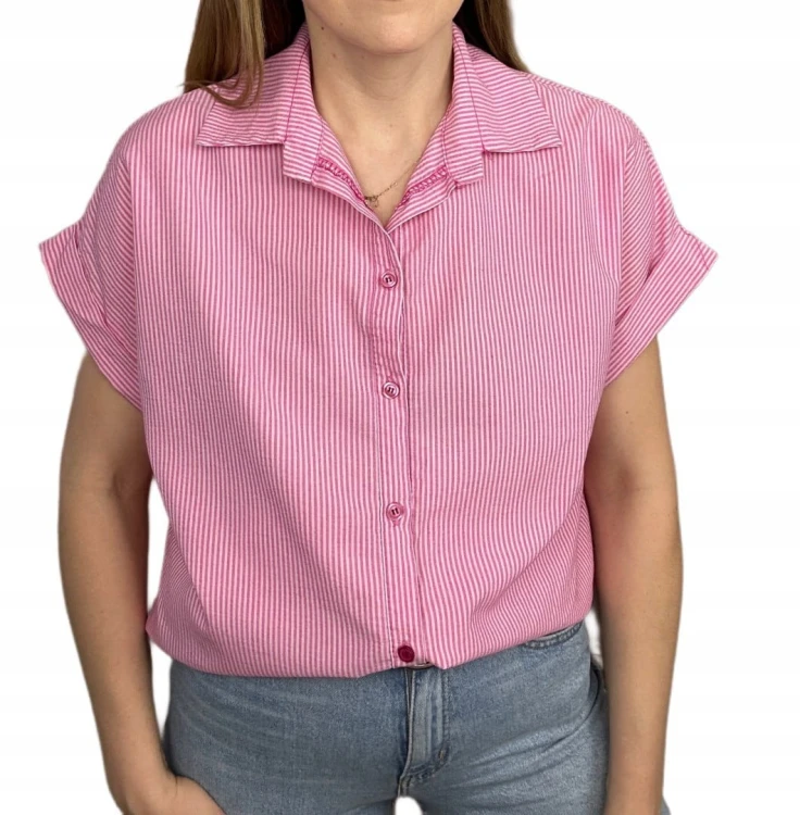 Bawełniana koszula w pionowe paski luźna oversize krótki rękaw S M L