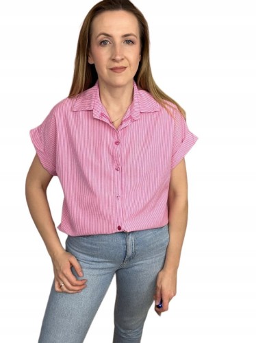 Bawełniana koszula w pionowe paski luźna oversize krótki rękaw S M L
