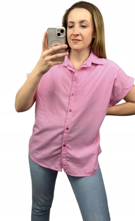 Bawełniana koszula w pionowe paski luźna oversize krótki rękaw S M L