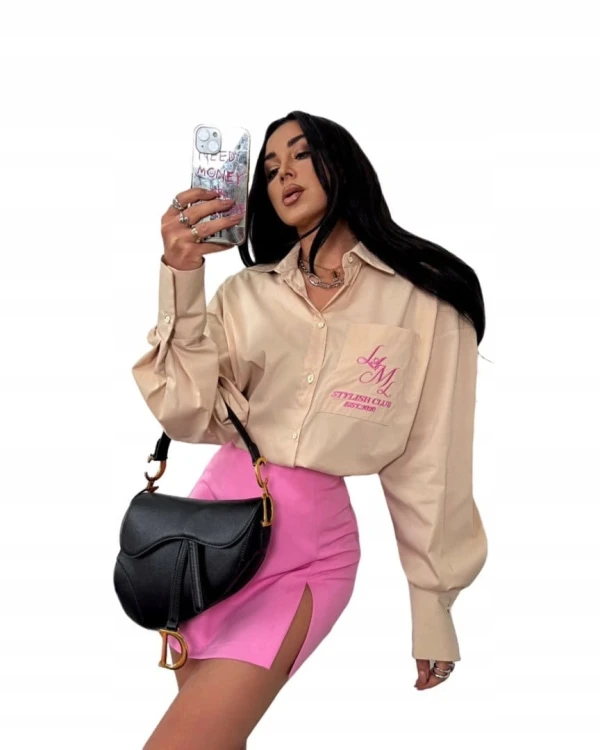 Beżowa koszula bawełniana z haftem kieszeń oversize luźna La Milla