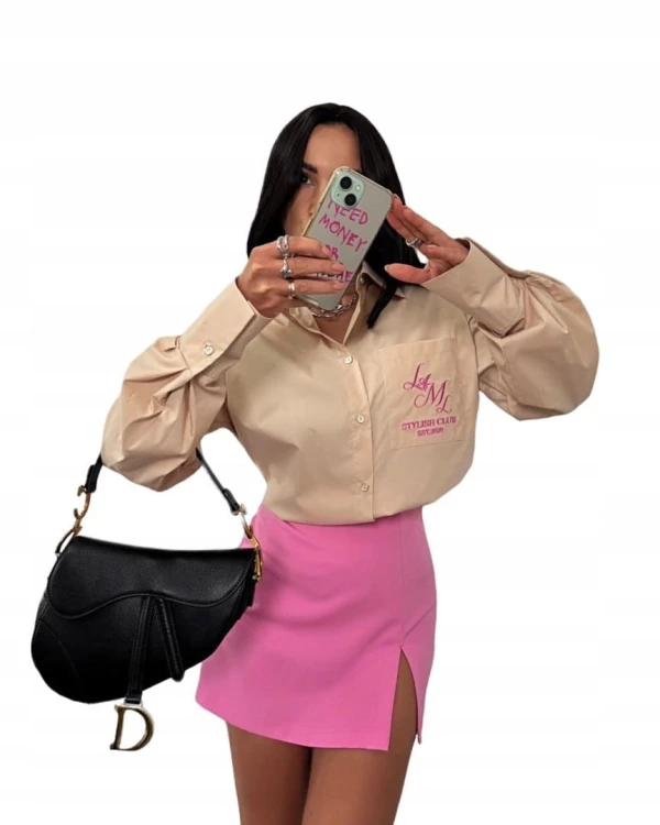 Beżowa koszula bawełniana z haftem kieszeń oversize luźna La Milla