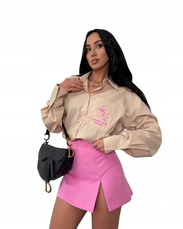 Beżowa koszula bawełniana z haftem kieszeń oversize luźna La Milla