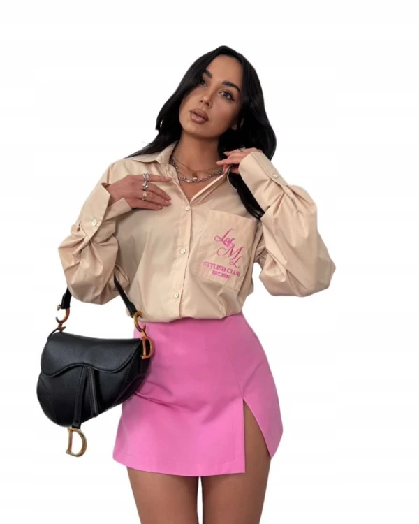 Beżowa koszula bawełniana z haftem kieszeń oversize luźna La Milla