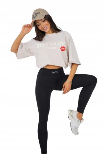 Beżowy t-shirt bawełniany BUGDALOVA oversize luźny By Mia- MOOD