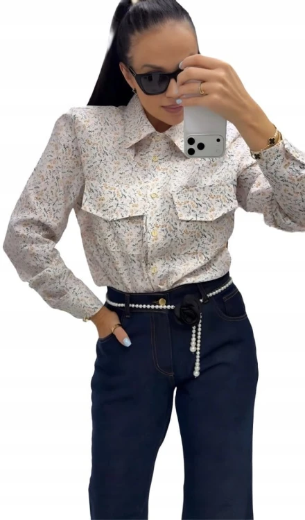 Biała koszula 100% wiskoza łączka w kwiaty kieszenie poduszki La Milla