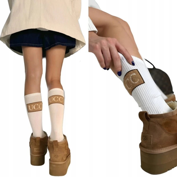 Białe dłuższe skarpety damskie UCC prążkowany ściągacz Crazysocks