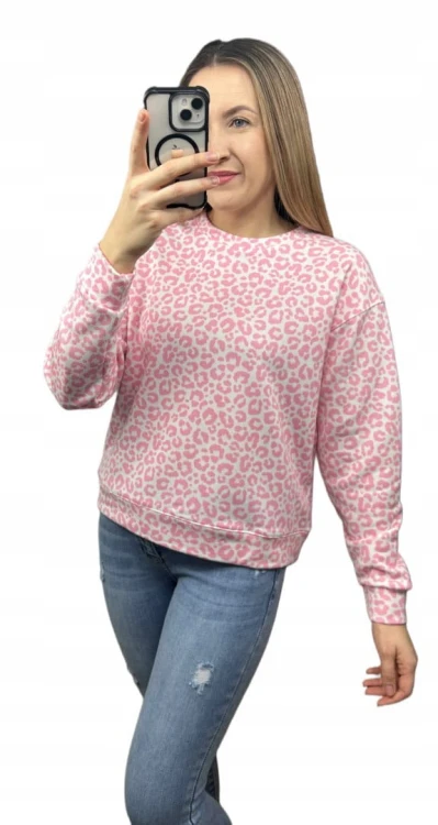 Bluza dresowa bawełniana w cętki panterkę bawełna okrągły dekolt XS S M