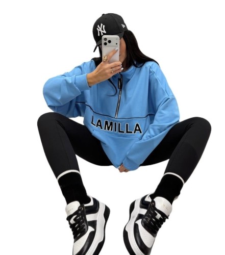 Bluza oversize bawełniana suwak aspen luźna niebieska La Milla