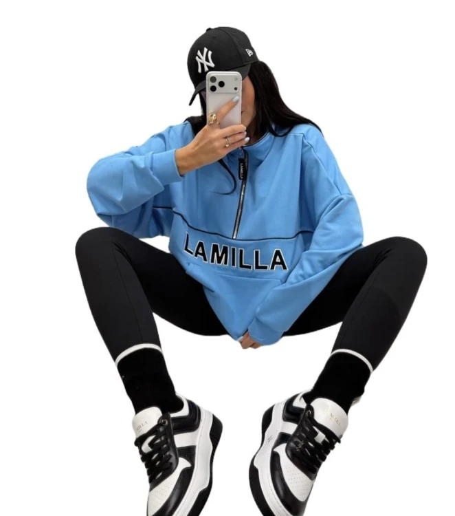 Bluza oversize bawełniana suwak aspen luźna niebieska La Milla