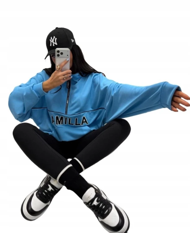 Bluza oversize bawełniana suwak aspen luźna niebieska La Milla