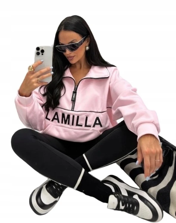 Bluza oversize bawełniana suwak aspen luźna pudrowy róż La Milla