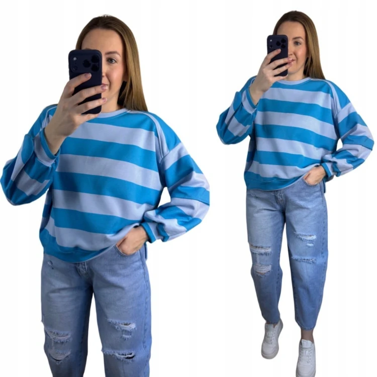 Bluza oversize w paski niebieska AZARA- FRESH STRIPES