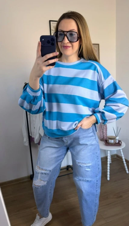 Bluza oversize w paski niebieska AZARA- FRESH STRIPES